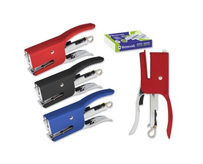 Bismark Grapadora Mini Tenaza + 2000 Grapas - Capacidad de Grapado 15 Hojas - Dise&ntilde;o Ergonomico - Alta Durabilidad - Colores Surtidos