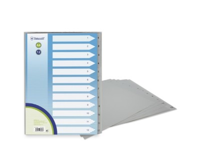Bismark Indice Numerico con Pestañas del 1 al 12 - Multitaladro - Formato A4 - Fabricados en Polipropileno - Color Gris