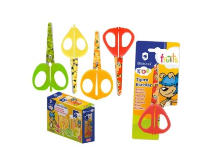 Bismark Kids Fruits Tijera Escolar 13cm - Hojas y Mangos Decorados con Frutas - Mangos en Plastico - Punta Roma - 4 Diseños Surtidos