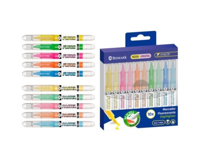 Bismark Long-Life Pack de 10 Marcadores Fluorescentes - 5x Neon y 5x Pastel - Tinta Liquida - Punta Biselada - Ideal para Subrayar y Resaltar - Colores Surtidos