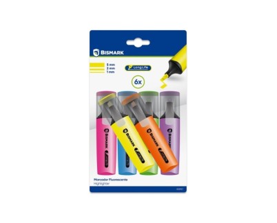 Bismark Long-Life Pack de 6 Marcadores Fluorescentes Neon - Tinta de Secado Rapido - Punta Biselada - Ideal para Subrayar y Resaltar - Dise&ntilde;o Ergonomico - Alta Durabilidad
