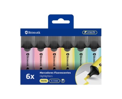 Bismark Long-Life Pack de 6 Marcadores Fluorescentes - Punta Biselada 2 - 5mm Aprox - Tinta Base de Agua - Larga Duracion - Colores Pastel Surtidos