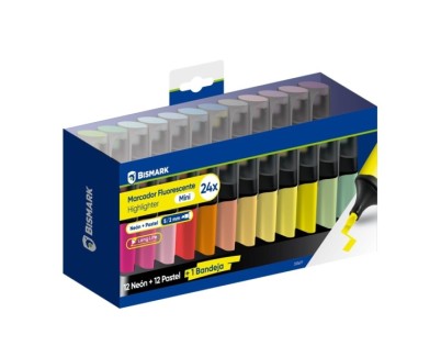 Bismark Long-Life Set de Mesa con 24 Mini Marcadores Fluorescentes - 12x Neon y 12x Pastel - Tinta de Secado Rapido - Punta Biselada - Ideal para Subrayar y Resaltar - Dise&ntilde;o Ergonomico - Alta Durabilidad
