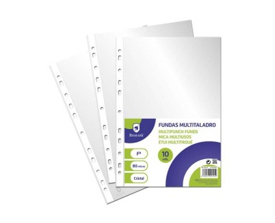 Bismark Pack de 10 Fundas Multitaladro Tama&ntilde;o Folio 80 Micras - Acabado en Cristal - Ideal para Carpetas con Mecanismo de Anillas - Disponible en Varios Tama&ntilde;os