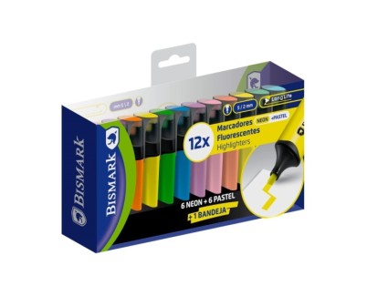 Bismark Pack de 12 Marcadores Fluorescentes - Punta Biselada 2 - 5mm Aprox - Tinta Base de Agua - Larga Duracion - Colores Neon y Pastel Surtidos