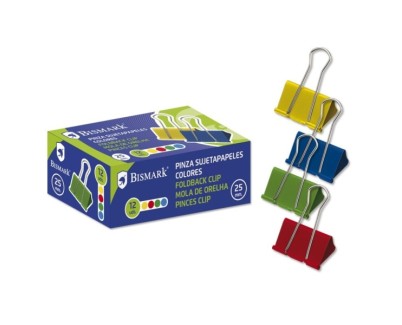 Bismark Pack de 12 Pinzas Sujetapapeles Metalicas de 25mm - Pala Abatible - Colores Surtidos