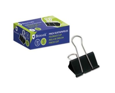 Bismark Pack de 12 Pinzas Sujetapapeles Metalicas de 32mm - Pala Abatible - Color Negro