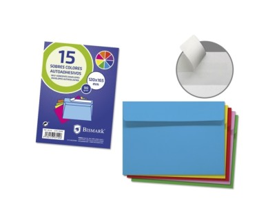 Bismark Pack de 15 Sobres de Papel 90gr - Medidas 120x165mm - Cierre Autoadhesivo - Colores Surtidos