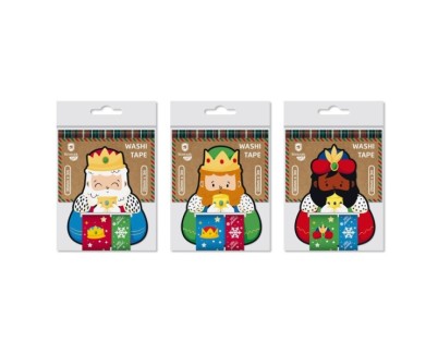 Bismark Pack de 2 Rollos de Cinta Washi-Tape Navideña para Regalos - Tematica Reyes Magos - Medidas 20mmx3m y 30mmx3m - 3 Diseños Aleatorios