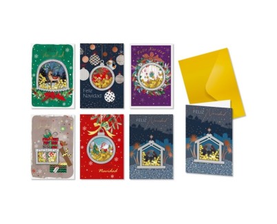 Bismark Pack de 24 Tarjetas de Felicitacion Navide&ntilde;a con Sobre Dorado - Tama&ntilde;o Tarjeta 11.5x17cm - Dise&ntilde;os Variados con Foil y Confetti