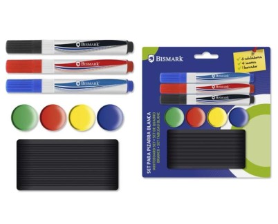 Bismark Pack de 3 Rotuladores para Pizarra + 4 Imanes + Borrador - Colores Surtidos