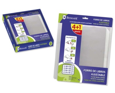 Bismark Pack de 4+1 Forralibros Ajustable 31x55cm - Ideal para Uso Escolar - Facil de Usar - Alta Durabilidad - Transparente