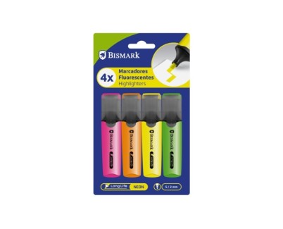 Bismark Pack de 4 Marcadores Fluorescentes - Punta Biselada 2 - 5mm Aprox - Tinta Base de Agua - Larga Duracion - Colores Neon Surtidos