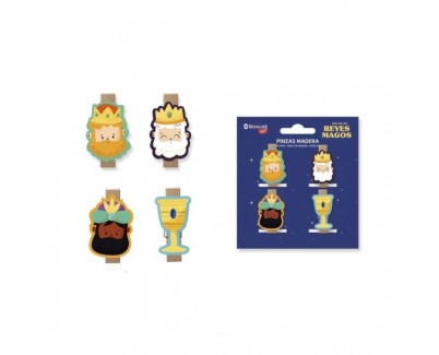 Bismark Pack de 4 Pinzas de Madera Decoradas con Reyes Magos