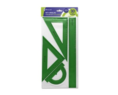 Bismark Pack de 4 Reglas de Alta Calidad - Incluye Regla 30cm, Escuadra 14cm, Cartabon 20cm y Transportador 13cm - Ideal para el Colegio - Color Verde