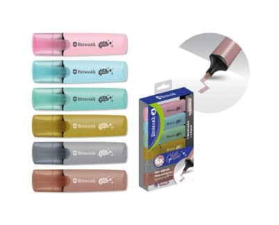 Bismark Pack de 6 Marcadores Fluorescentes Glitter - 3x Pastel y 3x Metalizados - Tinta de Secado Rapido - Punta Biselada - Ideal para Subrayar y Resaltar - Dise&ntilde;o Ergonomico