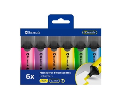Bismark Pack de 6 Marcadores Fluorescentes - Punta Biselada 2 - 5mm Aprox - Tinta Base de Agua - Larga Duracion - Colores Neon Surtidos