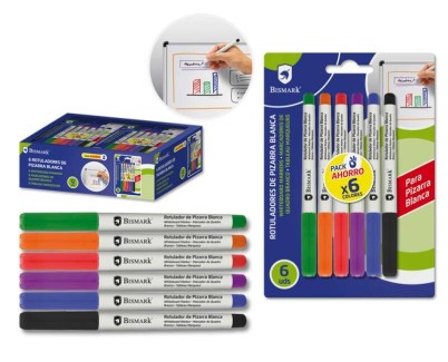 Bismark Pack de 6 Rotuladores para Pizarra Blanca - Punta Fina - Tinta de Secado Rapido - Borrado Facil - Colores Surtidos