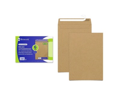 Bismark Pack de 6 Sobres de Papel Kraft 90gr - Medidas 184x261mm - Cierre Autoadhesivo - Color Marron
