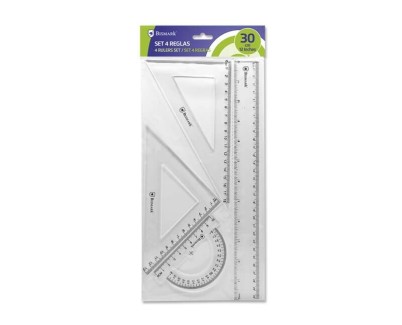 Bismark Pack de Reglas para el Colegio - Incluye Regla de 30cm - Escuadra de 12,5cm - Cartabon de 17.5cm - Transportador de 10cm - Presentacion en Bolsa Transparente - Color Transparente