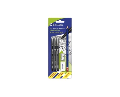 Bismark Pack Escolar con 3 Rotuladores Calibrados Color Negro 0.2, 0.4, 0.8mm, Lapicero HB, Goma, Afilalapiz