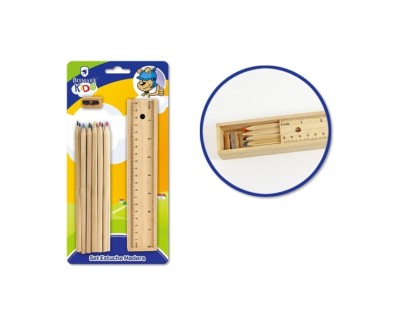 Bismark Pack Escolar con Estuche de Madera con Tapa Regla, 12 Lapices de Colores y Sacapuntas