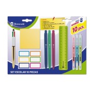 Bismark Pack Escolar con Regla Flexible 15cm, Boligrafo 4 Colores, 3 Marcadores Fluorescentes Doble Punta, Taco Notas Adhesivas 76x76, Hoja de Etiquetas Adhesivas y 3 Boligrafos Tacto Soft