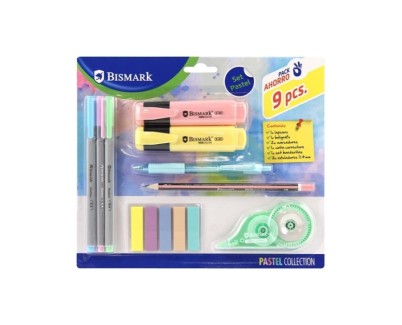 Bismark Pastel Pack Escolar con Lapicero, Boligrafo, 2 Marcadores, Cinta Correctora, Set Banderitas Pet y 3 Rotuladores 0.44mm