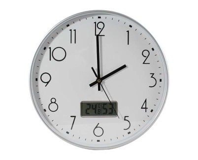 Bismark Reloj Oficina con Marcador Digital de Temperatura y Humedad - Numeros Negros - Cristal Exterior - Manecillas de Aluminio - Color Blanco