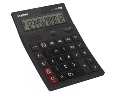 Canon AS-1200 Calculadora de Sobremesa con Pantalla LCD de 12 Digitos - Funciones de Calculo de Recargo (MU), Inversion (RV), Gran Total (GT) - Alimentacion Solar y Pilas - Color Negro