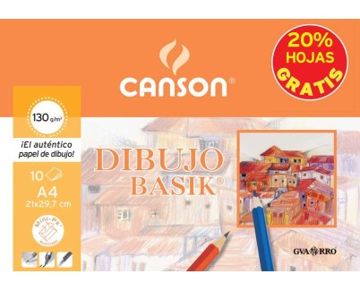 Canson Minipack de 10 Hojas de Dibujo Basik Liso 21x29.7 130g - 20% Hojas Gratis - Color Blanco