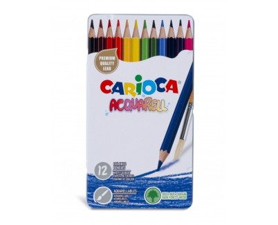Carioca Acquarell Pack de 12 Lapices Acuarelables - Caja de Metal - Efecto Acuarela con Agua y Pincel - Colores Intensos y Brillantes - Escritura Blanda - Mina de Ø 3.3mm - Color Varios