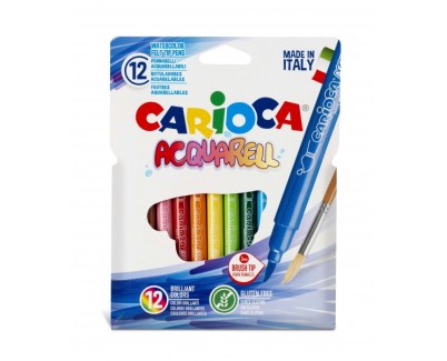 Carioca Acquarell Pack de 12 Rotuladores Acuarelables - Punta Pincel Bloqueada - Tinta Lavable - Colores Difuminables con Agua y Pincel - Recomendado para Papel de Dibujo - Color Varios