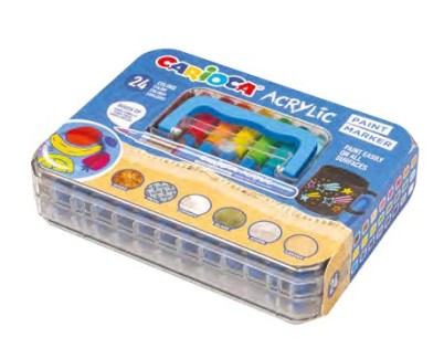 Carioca Acrylic Maleta de Plastico con 24 Marcadores de Pintura Acrilica - Punta Pincel - Tinta a Base de Agua - Alta Cobertura - Colores Surtidos