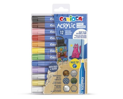 Carioca Acrylic Pack de 12 Marcadores de Pintura Acrilica - Punta Maxi - Tinta a Base de Agua - Alta Cobertura - Colores Surtidos
