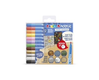 Carioca Acrylic Pack de 12 Marcadores de Pintura Acrilica - Punta Media - Tinta a Base de Agua - Alta Cobertura - Colores Surtidos