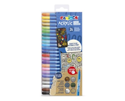 Carioca Acrylic Pack de 24 Marcadores de Pintura Acrilica - Punta Media - Tinta a Base de Agua - Alta Cobertura - Colores Surtidos