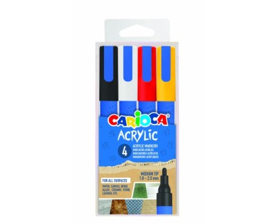 Carioca Acrylic Pack de 4 Marcadores de Pintura Acrilica - Punta Redonda Media 1.8-2.5mm - Tinta a Base de Agua - Alta Cobertura - Colores Surtidos