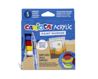 Carioca Acrylic Pack de 5 Marcadores de Pintura Acrilica - Punta Pincel - Tinta a Base de Agua - Alta Cobertura - Colores Surtidos
