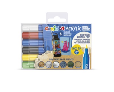 Carioca Acrylic Pack de 6 Marcadores de Pintura Acrilica - Punta Maxi - Tinta a Base de Agua - Alta Cobertura - Colores Surtidos
