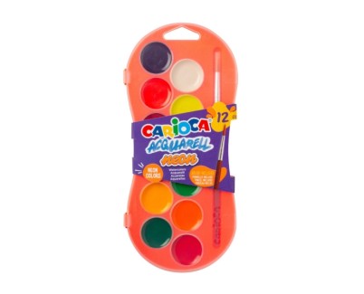 Carioca Acuarell Neon Pack de 12 Acuarelas en Pastillas de Ø 30mm - Brillantes - Facilmente Mezclables - Colores Neon Surtidos