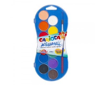 Carioca Acuarell Pack de 12 Acuarelas en Pastillas de Ø 30mm - Brillantes - Facilmente Mezclables - Colores Surtidos