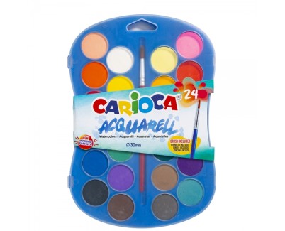 Carioca Acuarell Pack de 24 Acuarelas en Pastillas de Ø 30mm - Brillantes - Facilmente Mezclables - Colores Surtidos