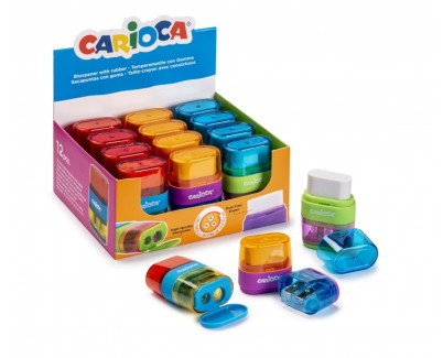 Carioca Afila-Borra Expositor de 12 Sacapuntas con Goma - Doble Agujero - Apto para Lapices y Ceras - Tornillo de Seguridad - Deposito para Virutas - Color Varios