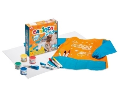 Carioca Baby Art Set Pack de Juegos con 12 Productos para Bebes - 1 Hoja de Papel, 1 Delantal Impermeable, 1 Cepillo Baby 2+, 4 Pinturas de Dedos 2+, 6 Marcadores Baby Valorous 2+ - Colores Surtidos