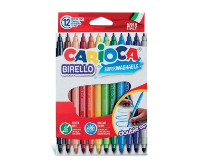 Carioca Birello Pack de 12 Rotuladores - Doble Punta Fina y Media - Tinta Superlavable No Toxica - Lavable de la Piel y Tejidos con Agua y sin Jabon - Colores Surtidos