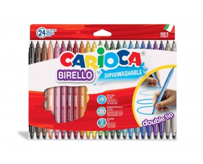 Carioca Birello Pack de 24 Rotuladores - Doble Punta Fina y Media - Tinta Superlavable No Toxica - Lavable de la Piel y Tejidos con Agua y sin Jabon - Color Varios