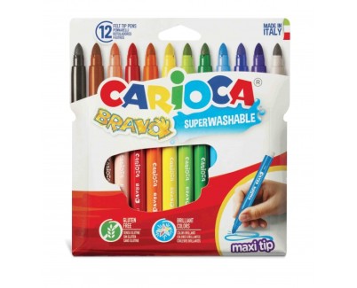 Carioca Bravo Pack de 12 Rotuladores - Cuerpo Octogonal Maxi - Tinta Superlavable - Punta Maxi 6mm Bloqueada - Tapa Ventilada - Colores surtidos
