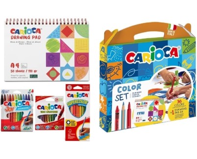 Carioca Color Set Pack con 12 Ceras, 12 Rotuladores y 12 Lapices de Colores + Bloc de Dibujo A4 - Colores Surtidos