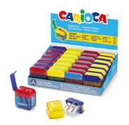 Carioca Expositor con 24 Minisacapuntas de 2 Orificios con Deposito - Tapon de Seguridad en la Cuchilla - Colores Aleatorios Surtidos